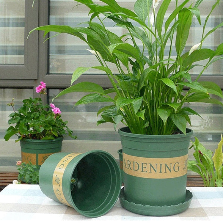 花盆 植物苗圃盆 塑料盆 創意加侖盆 帶托盤，尺寸：12*16*12cm，隨機文字背景色配送，12*16*12cm