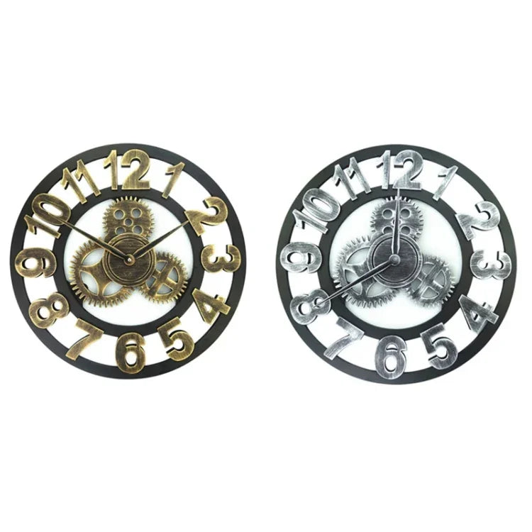 復古木質圓形單面齒輪時鐘阿拉伯數字掛鐘，直徑：30cm，數字30cm