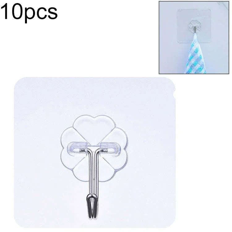 10個PVC+不鏽鋼薄梅花形無縫粘貼掛鉤防水透明強力粘掛鉤廚房牆掛，薄款