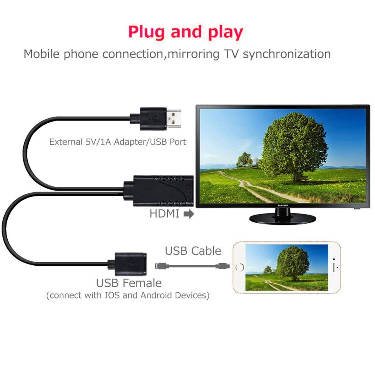 1080P USB 2.0公頭 + USB 2.0母頭轉HDMI HDTV AV轉接線，適用iPhone / iPad，Android智能手機