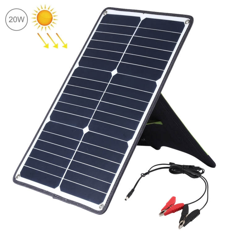 HAWEEL 便攜式 20W 單晶矽太陽能充電板，配備 USB 埠、支架及虎口夾，支援 QC3.0 和 AFC