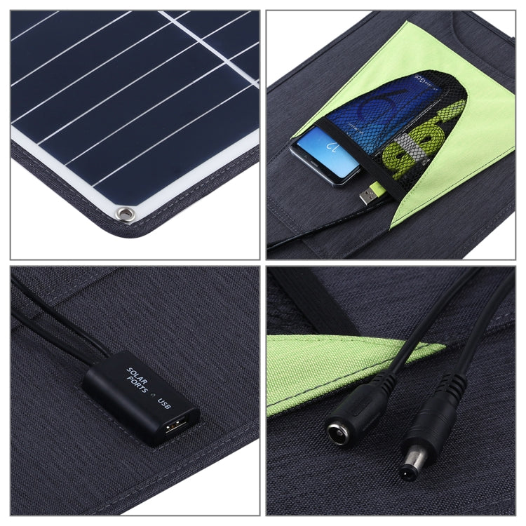 HAWEEL 便攜式 20W 單晶矽太陽能充電板，配備 USB 埠、支架及虎口夾，支援 QC3.0 和 AFC
