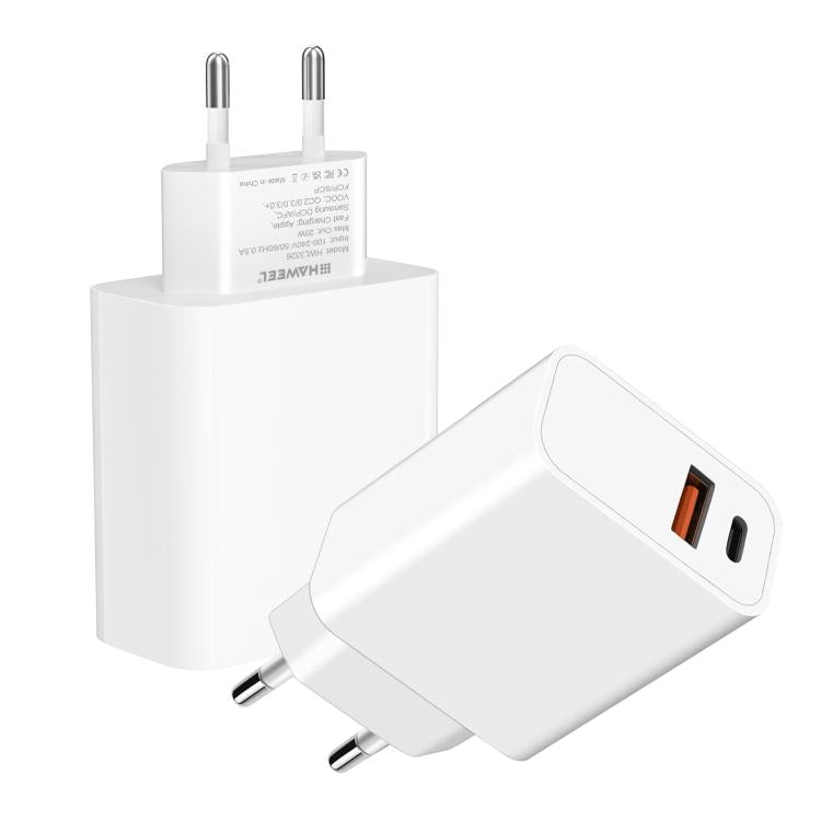 HAWEEL 20W 雙埠快速充電器轉接器，歐規插頭，雙埠充電器歐規插頭