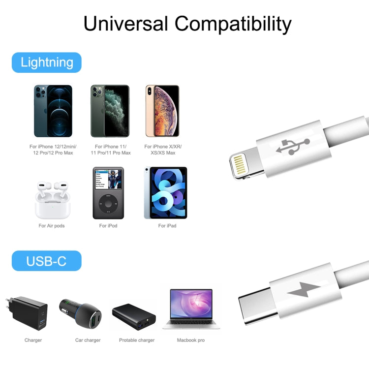 HAWEEL 25W 3A USB-C / Type-C 轉 8針 PD 快充線，適用於 iPhone、iPad，線長：2米，Type-C 轉 8針 2米