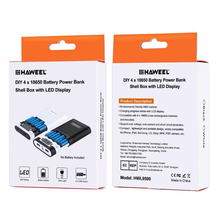 HAWEEL DIY 4顆 18650 電池（不含）10000mAh 行動電源外殼盒，附 2個 USB 輸出及顯示，適用於 iPhone、Galaxy、Sony、HTC、Google、Huawei、小米、Lenovo 及其他智慧手機，DIY 4顆 18650 10000mAh 電池（美規）