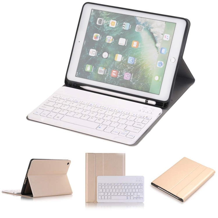 可拆式藍牙鍵盤 + 橫向翻蓋皮革平板保護套，帶支架及筆槽，適用於 iPad Pro 9.7 吋、iPad Air、iPad Air 2、iPad 9.7 吋（2017）、iPad 9.7 吋（2018），A07B 藍色、A07B 玫瑰金、A07B 黑色、A07B 金色