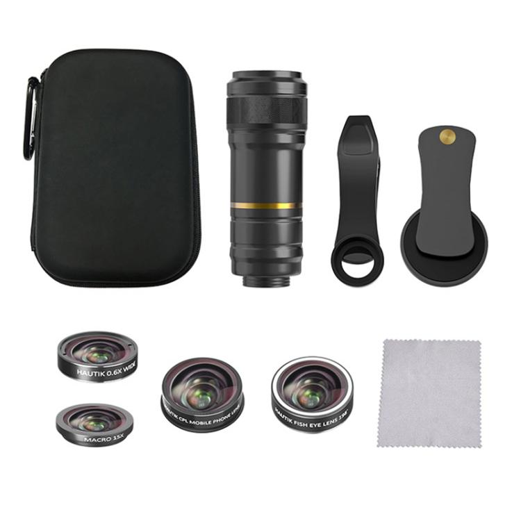 HAUTIK HK-002 5合1 180度魚眼鏡頭 + 0.65X微距及廣角鏡頭 + 12X長焦鏡頭 + 星光線鏡頭套件，HK-002