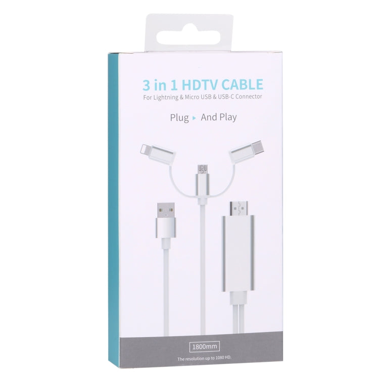 3 in 1 Micro USB & 8 Pin & Type-C to HDMI HD 1080P HDTV Adapter Cable
