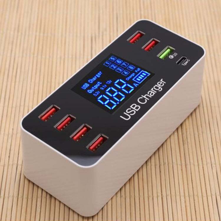 A9+ 多功能交流電100V~240V 8埠USB數字顯示LCD可拆卸充電站 智能充電器，支援QC3.0，A9+