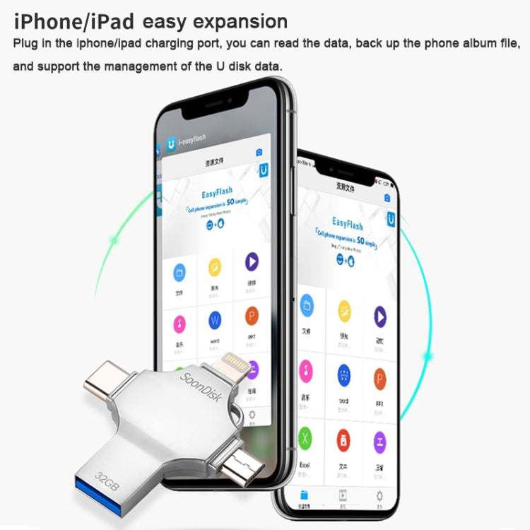 4合1 32GB USB 3.0 + 8針 + Micro USB + USB-C / Type-C 雙用隨身碟，具OTG功能，32GB