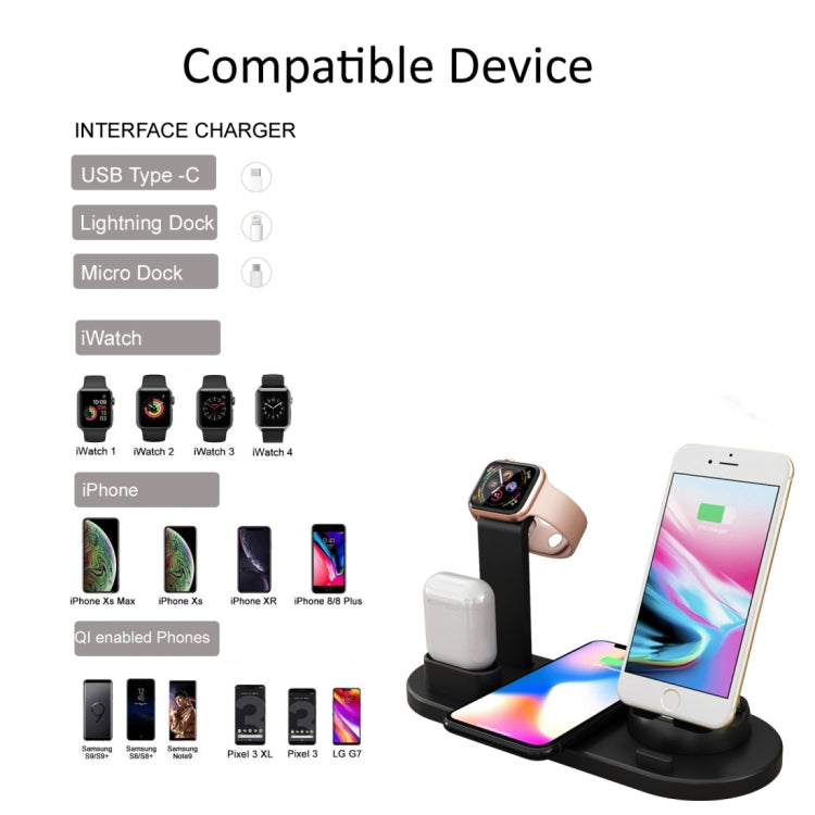 HQ-UD15 5合1 8針 + Micro USB + USB-C / Type-C介面 + 8針耳機充電介面 + 無線充電底座附手錶支架（白色），帶無線充電黑色，帶無線充電白色，帶無線充電銀色