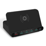 828W 7合1 60W QC 3.0 USB介面 + 4埠USB + USB-C / Type-C介面 + 無線充電多功能充電器，附手機支架功能，澳規插頭，澳規插頭黑色，澳規插頭白色