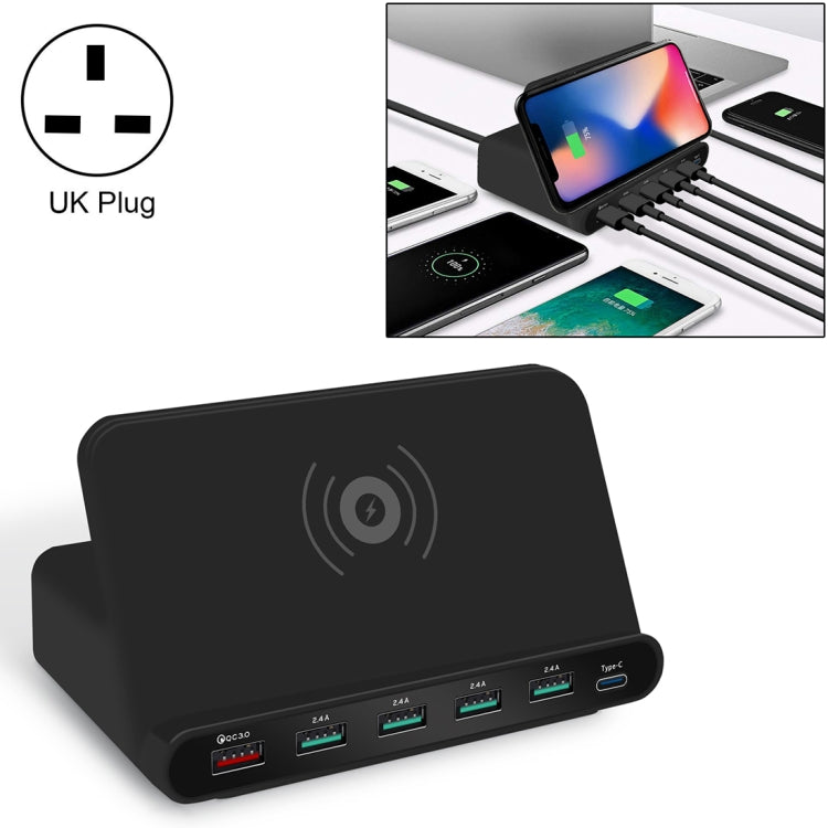 828W 7 合 1 60W QC 3.0 USB 介面 + 4 個 USB 埠 + USB-C / Type-C 介面 + 無線充電多功能充電器，附手機支架功能，英規插頭，英規插頭黑色，英規插頭白色