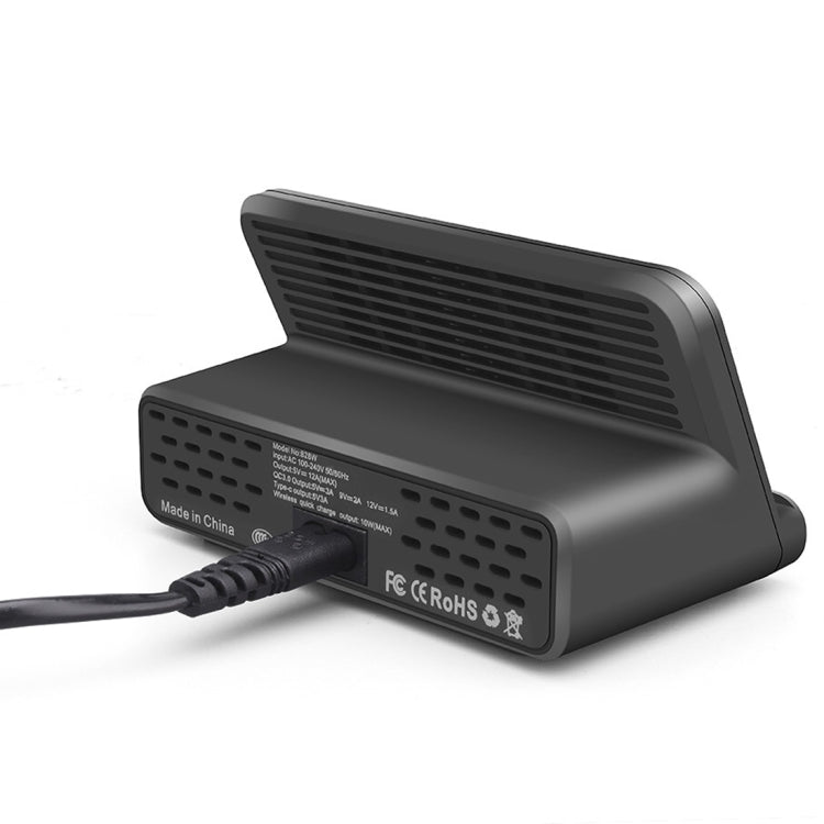 828W 7 合 1 60W QC 3.0 USB 介面 + 4 個 USB 埠 + USB-C / Type-C 介面 + 無線充電多功能充電器，附手機支架功能，英規插頭，英規插頭黑色，英規插頭白色