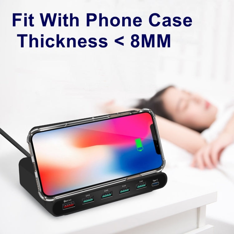 828W 7 合 1 60W QC 3.0 USB 介面 + 4 個 USB 埠 + USB-C / Type-C 介面 + 無線充電多功能充電器，附手機支架功能，英規插頭，英規插頭黑色，英規插頭白色