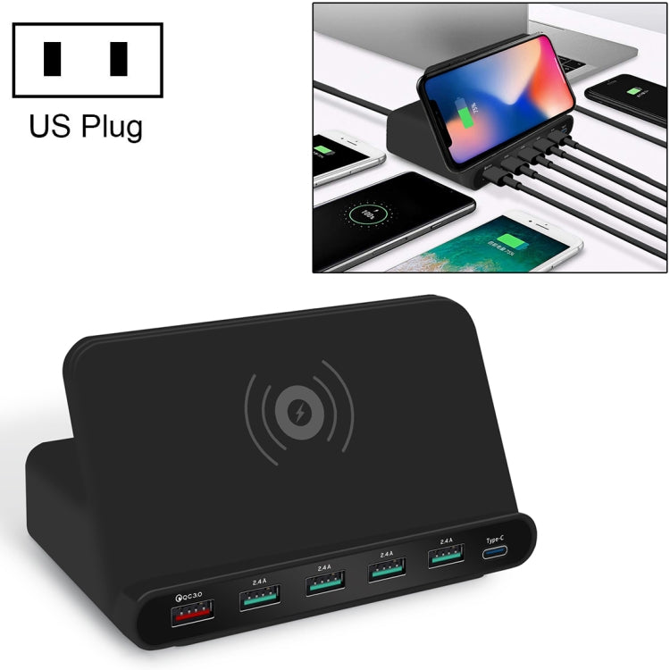 828W 7合1 60W QC 3.0 USB介面 + 4埠USB + USB-C / Type-C介面 + 無線充電多功能充電器，附手機支架功能，美規插頭，美規插頭黑色，美規插頭白色