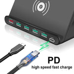 828W 7合1 60W QC 3.0 USB介面 + 4埠USB + USB-C / Type-C介面 + 無線充電多功能充電器，附手機支架功能，美規插頭，美規插頭黑色，美規插頭白色