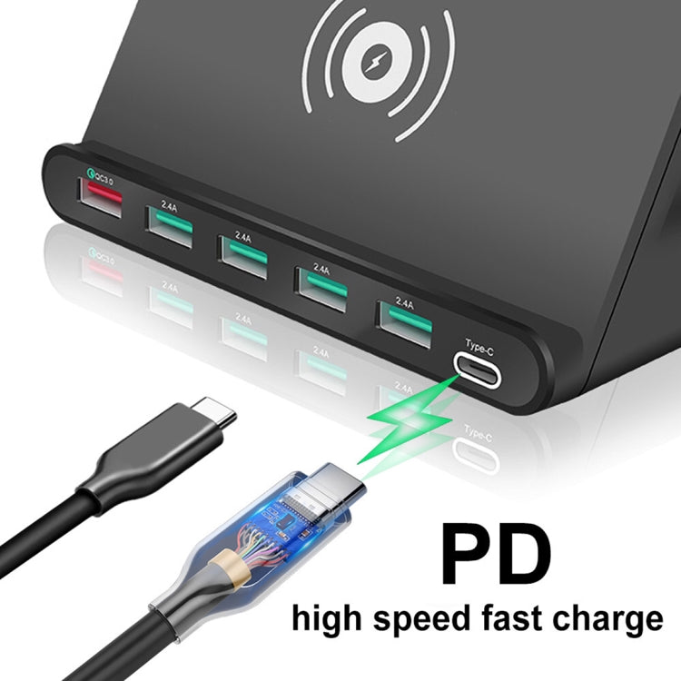 828W 7合1 60W QC 3.0 USB介面 + 4埠USB + USB-C / Type-C介面 + 無線充電多功能充電器，附手機支架功能，美規插頭，美規插頭黑色，美規插頭白色