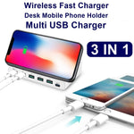828W 7合1 60W QC 3.0 USB介面 + 4埠USB + USB-C / Type-C介面 + 無線充電多功能充電器，附手機支架功能，美規插頭，美規插頭黑色，美規插頭白色