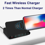 828W 7合1 60W QC 3.0 USB介面 + 4埠USB + USB-C / Type-C介面 + 無線充電多功能充電器，附手機支架功能，美規插頭，美規插頭黑色，美規插頭白色