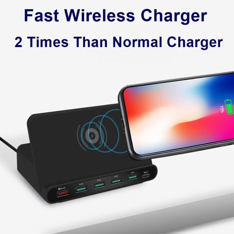 828W 7合1 60W QC 3.0 USB介面 + 4埠USB + USB-C / Type-C介面 + 無線充電多功能充電器，附手機支架功能，美規插頭，美規插頭黑色，美規插頭白色