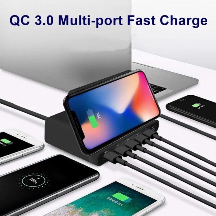 828W 7合1 60W QC 3.0 USB介面 + 4埠USB + USB-C / Type-C介面 + 無線充電多功能充電器，附手機支架功能，美規插頭，美規插頭黑色，美規插頭白色