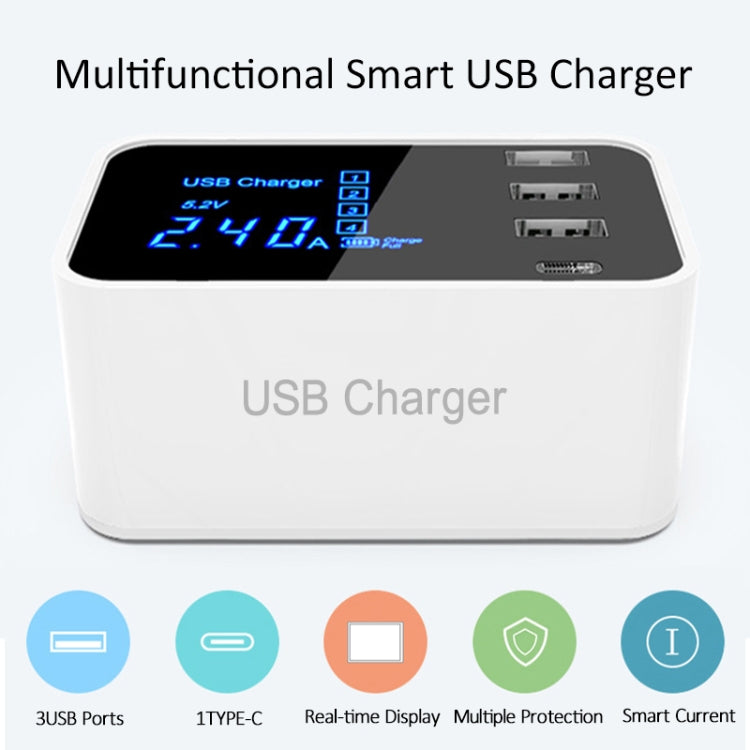 CDA30 20W 3 個 USB 埠 + USB-C / Type-C 埠多功能充電器，附 LED 顯示，美規插頭，美規插頭