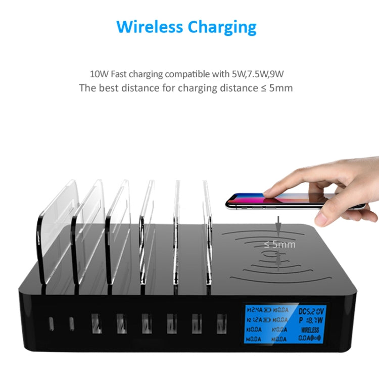 50W 6 個 USB 埠 + 2 個 USB-C / Type-C 埠 + 無線充電多功能充電器，附 LED 顯示及可拆卸邊框，美規插頭，美規插頭
