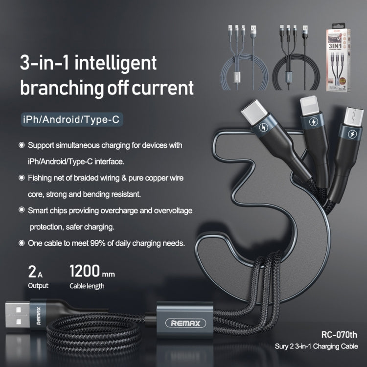 REMAX RC-070TH 1.2米 2A 3合1 USB 轉 8 針 & USB-C / Type-C & Micro USB 充電線