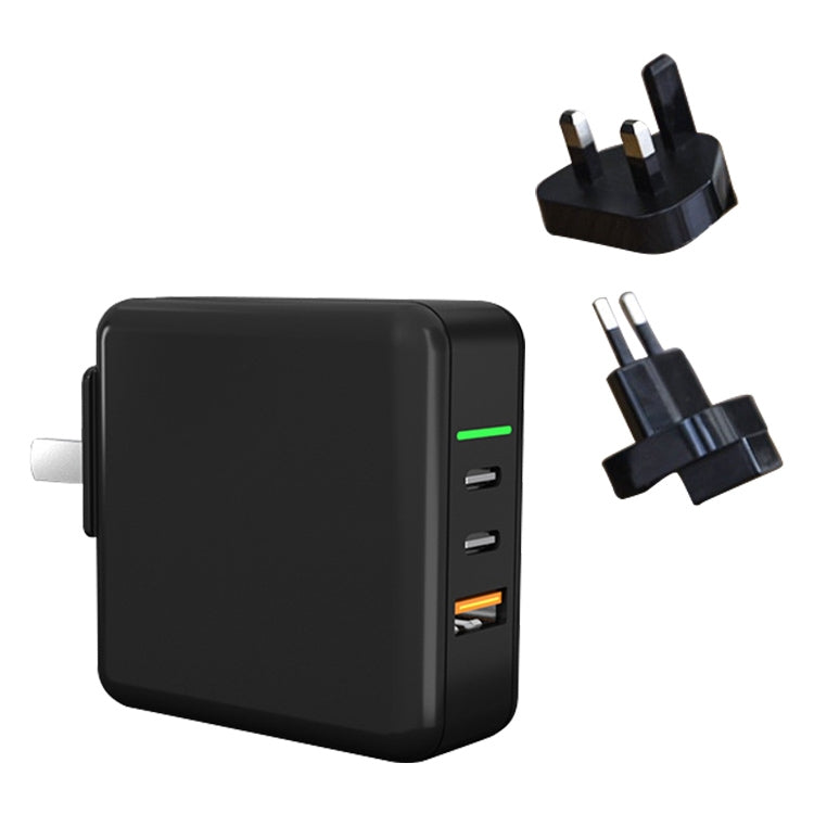 65W USB 埠 x 1 + Type-C 埠 x 2 GaN 便攜迷你快速充電器旅行充電器，附英、美、歐插頭組