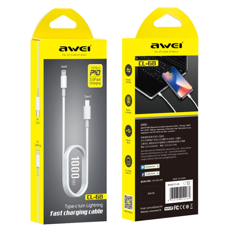 AWEI CL-68 3A Type-C / USB-C轉8針PD快充數據線，長度：1米