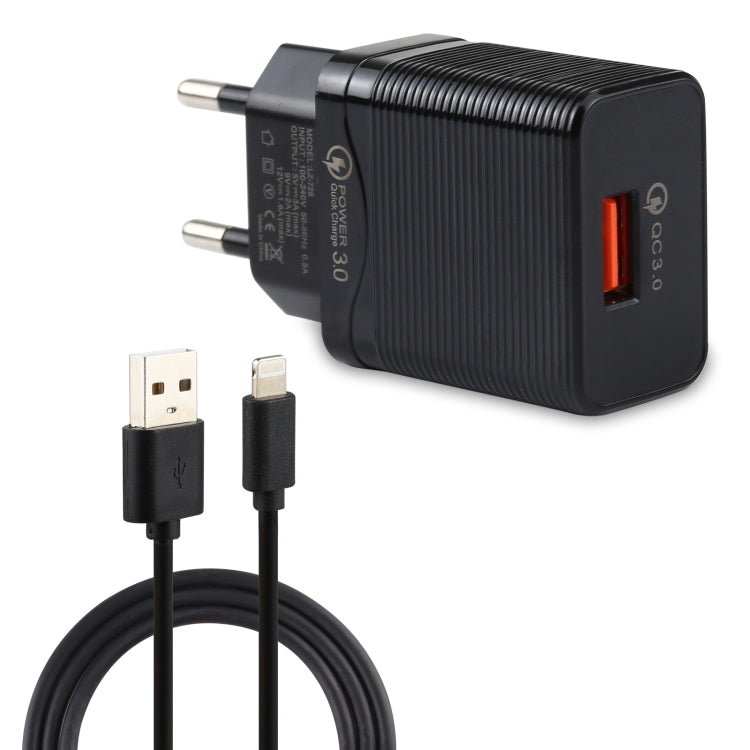 LZ-728 2 合 1 18W QC 3.0 USB 介面旅行充電器 + USB 轉 8 Pin 數據線套裝，歐規插頭，線長：1米，含 8 Pin 線