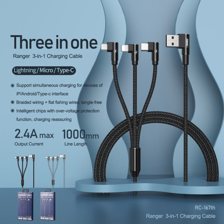 REMAX RC-167th 3合1 2.1A USB轉8針 + USB-C / Type-C + Micro USB系列彎頭充電線，線長：1米