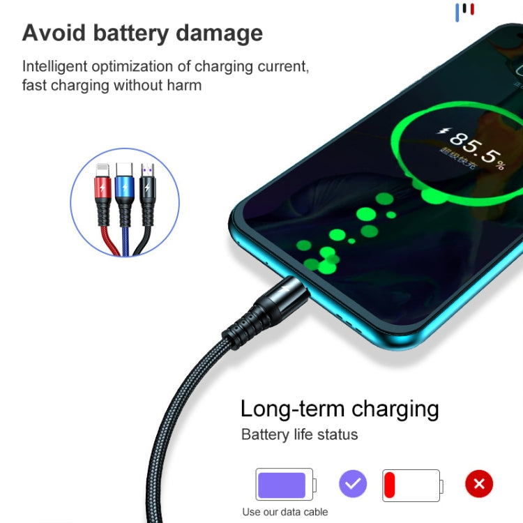 K061 1.2米5A 3合1 USB轉8針 + USB-C / Type-C + Micro USB圓形快速充電數據線