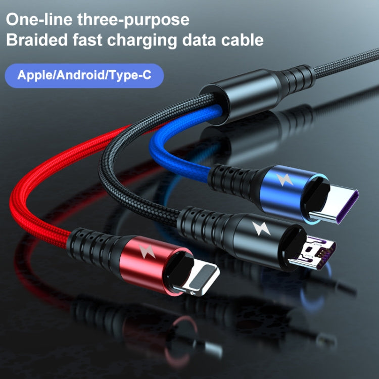 K061 1.2米5A 3合1 USB轉8針 + USB-C / Type-C + Micro USB圓形快速充電數據線