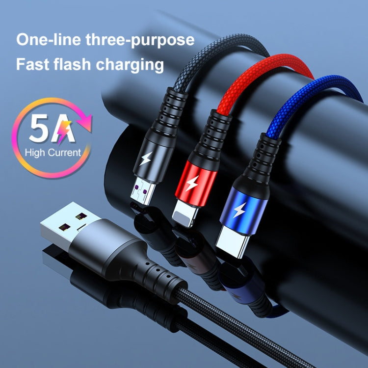 K061 1.2米5A 3合1 USB轉8針 + USB-C / Type-C + Micro USB圓形快速充電數據線