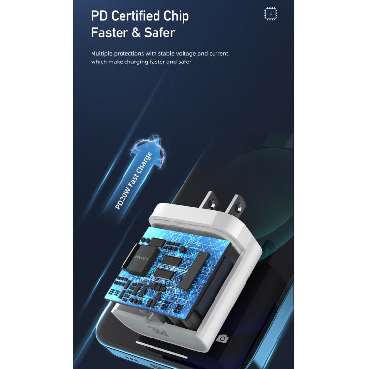 awei PD5 PD 20W 快充旅行充電器電源適配器，附 Type-C / USB-C 轉 8 Pin 線，美規插頭