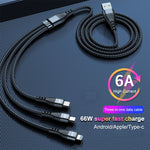 ADC-138 66W 3合1 USB轉8針 + Micro USB + USB-C / Type-C快速充電編織數據線，線長：1.2米