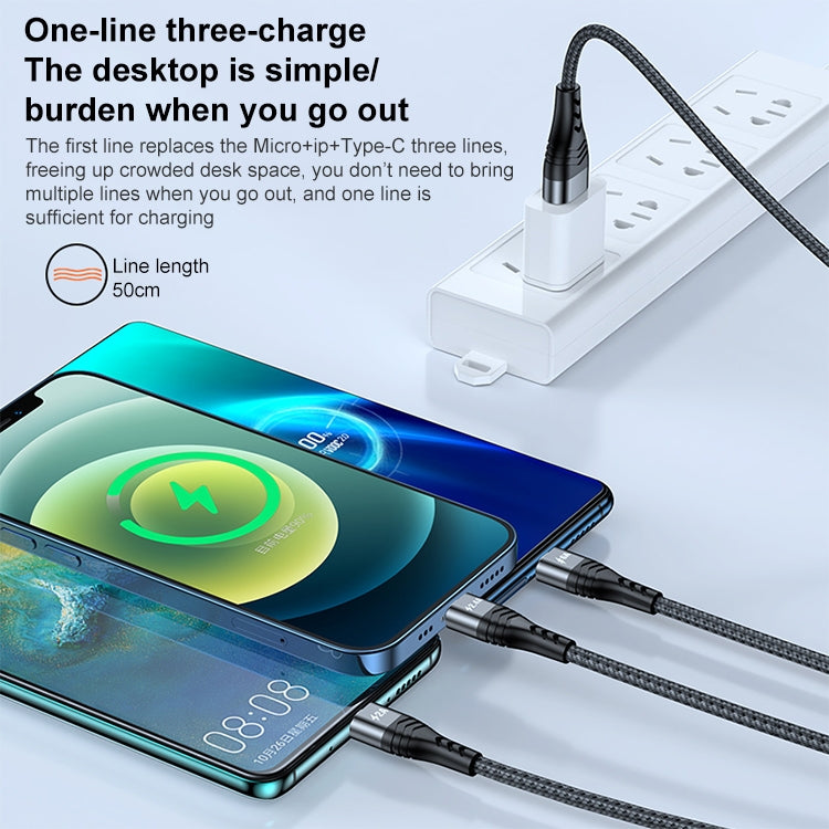 ADC-138 66W 3合1 USB轉8針 + Micro USB + USB-C / Type-C快速充電編織數據線，線長：1.2米