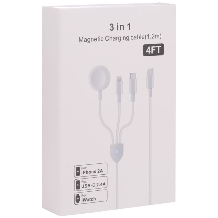 3合1 USB-C / Type-C 轉 8 Pin + USB-C / Type-C + 磁吸手錶無線充電數據線，線長：1.2米，3合1