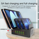 YFY-A54 100W USB + Type-C 五埠智慧充電站附手機和平板支架，美規插頭，YFY-A54