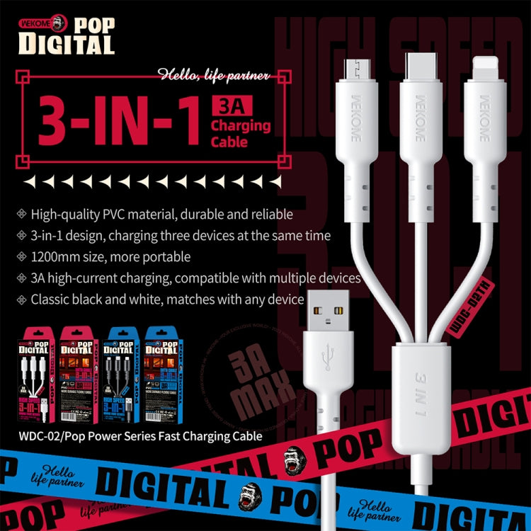 WEKOME WDC-02 潮汐能系列 3A USB 轉 8 Pin+Type-C+Micro USB 三合一 PVC 數據線，長度：1.2米