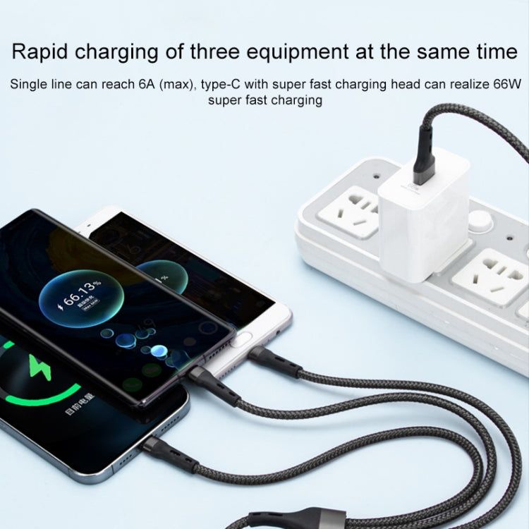 100W 6A Type-C 轉 8 Pin+Type-C+Micro USB 充電數據線，長度：1.3米
