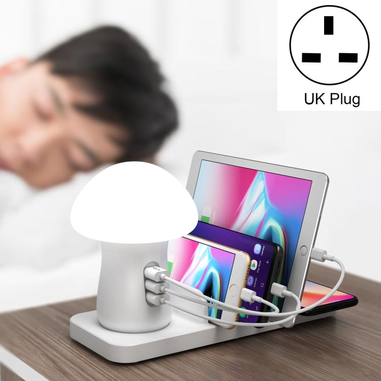 HQ-UD12 通用 4 合 1 40W QC3.0 3 個 USB 埠 + 無線充電手機充電站，配蘑菇形 LED 燈，長度：1.2m，UK 插頭