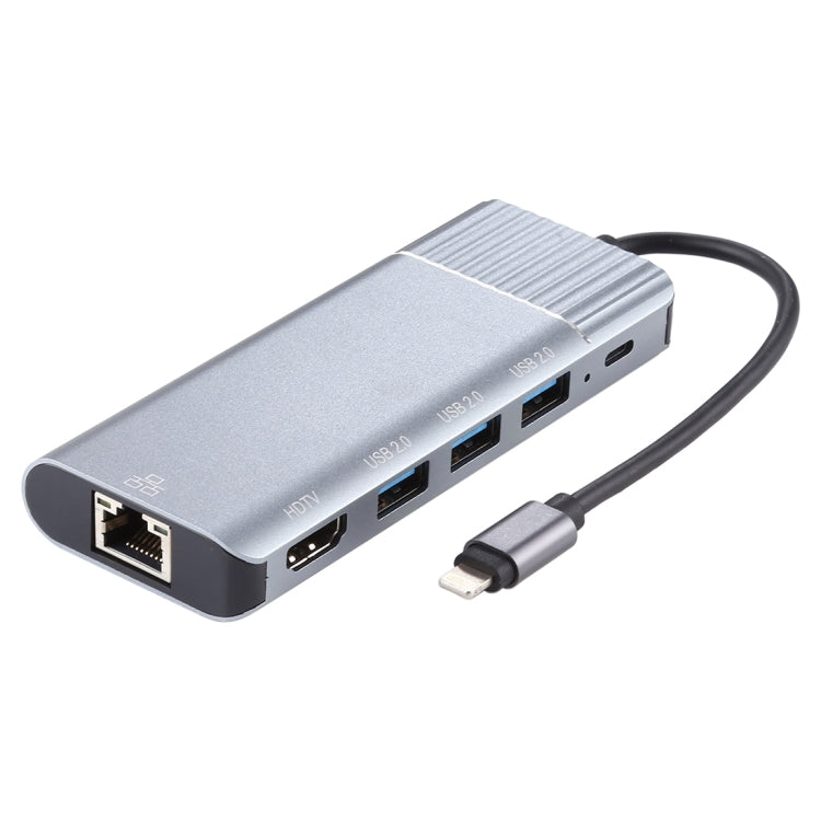 6 合 1 USB 2.0 x 3 + HDMI + RJ45 + 8 Pin 母充電埠轉 8 Pin 公多功能擴充底座轉接器，79591