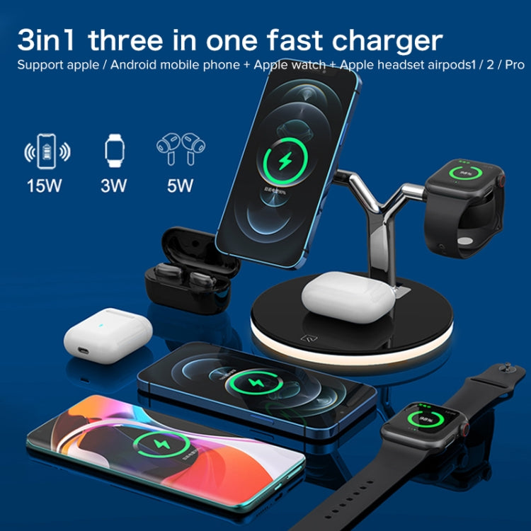 3 合 1 25W 多功能磁吸無線充電器，適用手機、Apple Watch 及 AirPods，附彩色 LED 燈