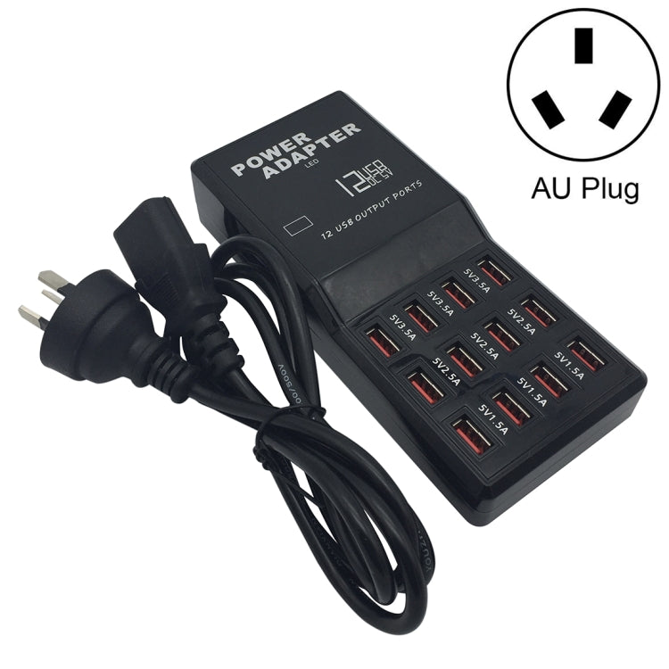 W-858 12A 12 埠 USB 快速充電座桌面智慧充電器 AC100-240V，AU 插頭，AU 插頭