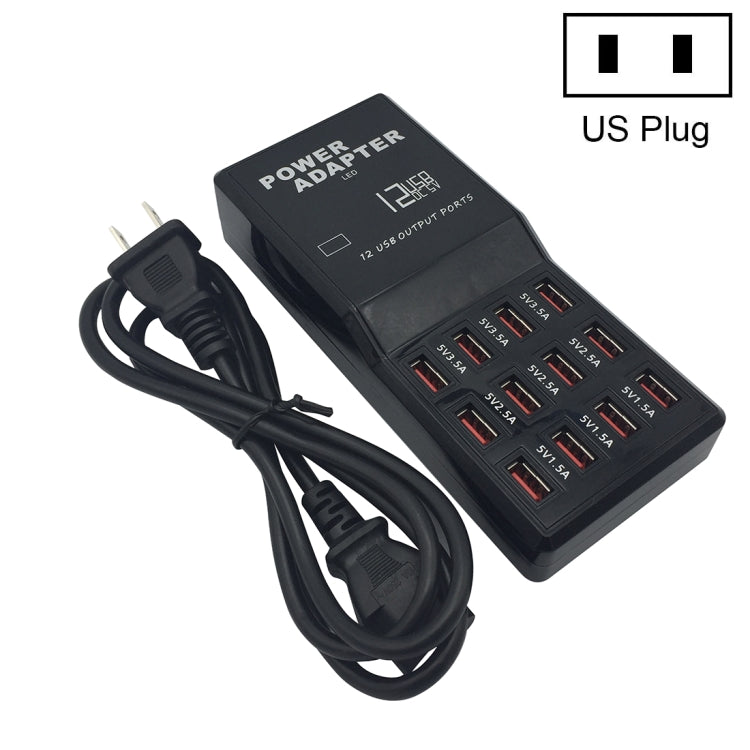 W-858 12A 12 埠 USB 快速充電座桌面智慧充電器 AC100-240V，US 插頭，US 插頭