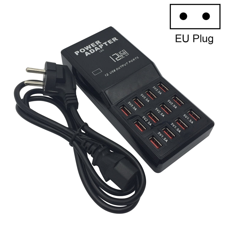 W-858 12A 12 埠 USB 快速充電座桌面智慧充電器 AC100-240V，EU 插頭，EU 插頭