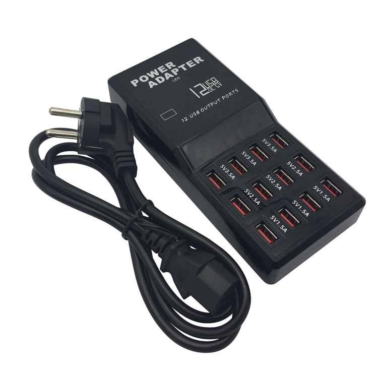 W-858 12A 12 埠 USB 快速充電座桌面智慧充電器 AC100-240V，EU 插頭，EU 插頭